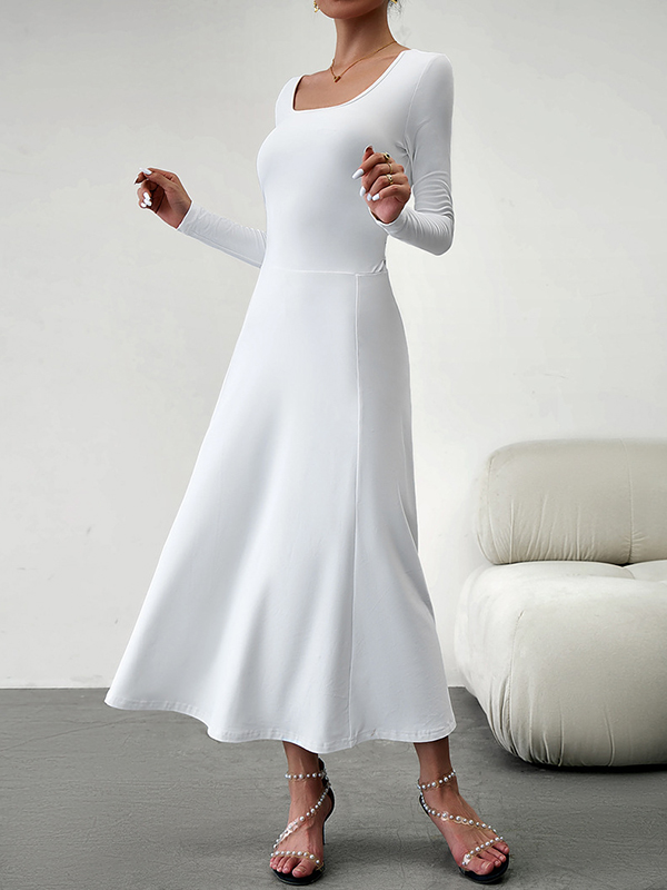 Solid Color Tied Waist A-Line High Waisted U-Neck Midi Dresses