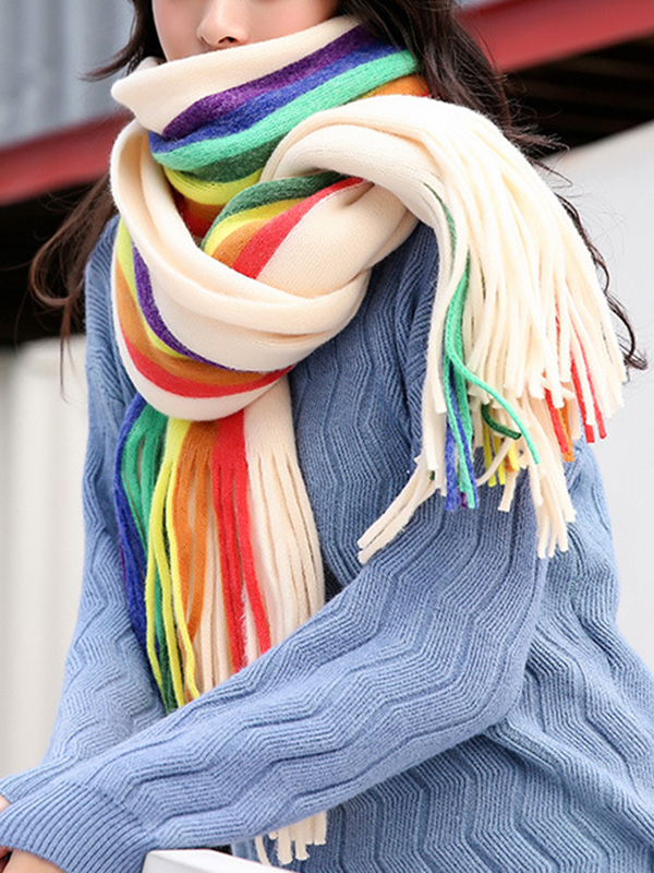 Contrast Color Keep Warm Multi-Colored Tasseled Scarf