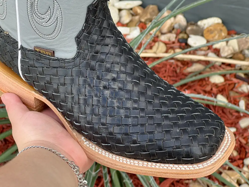Men’s Black Basket Weave Leather Boots With Grey Shaft