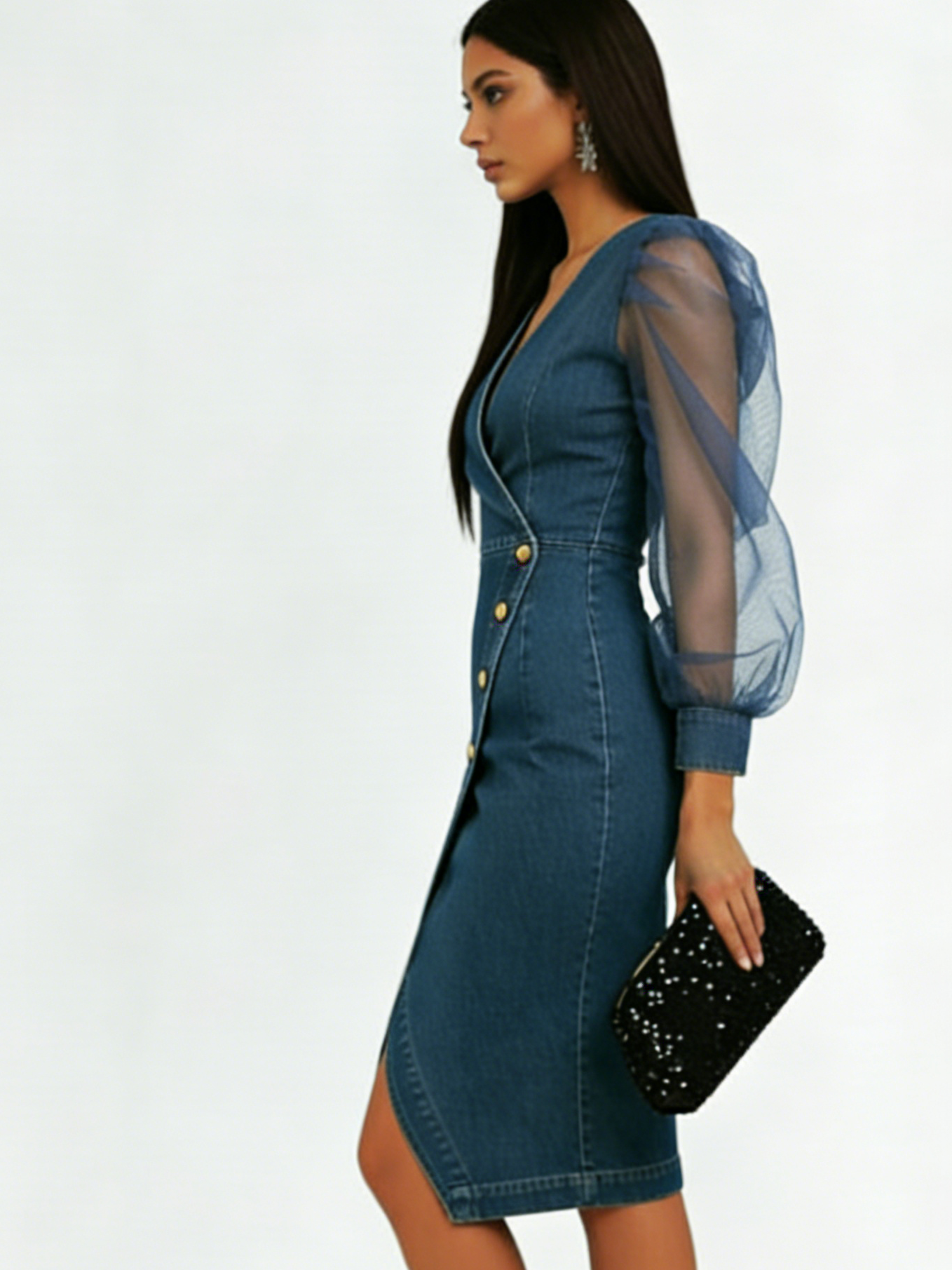 Elegant Sexy Mesh Sheer Panel Sleeves Denim Dress
