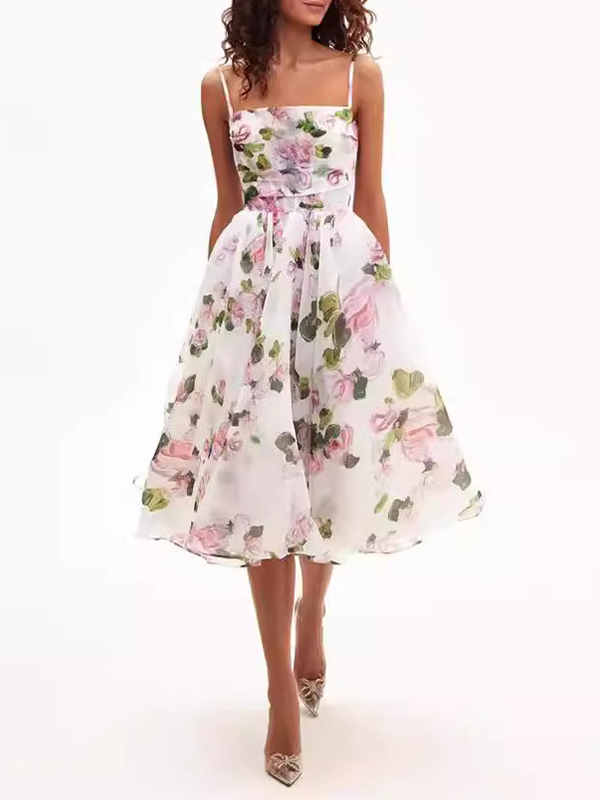 Flower Printed Ruffled Pleated Sleeveless Spaghetti-Neck Chiffon Midi Dresses