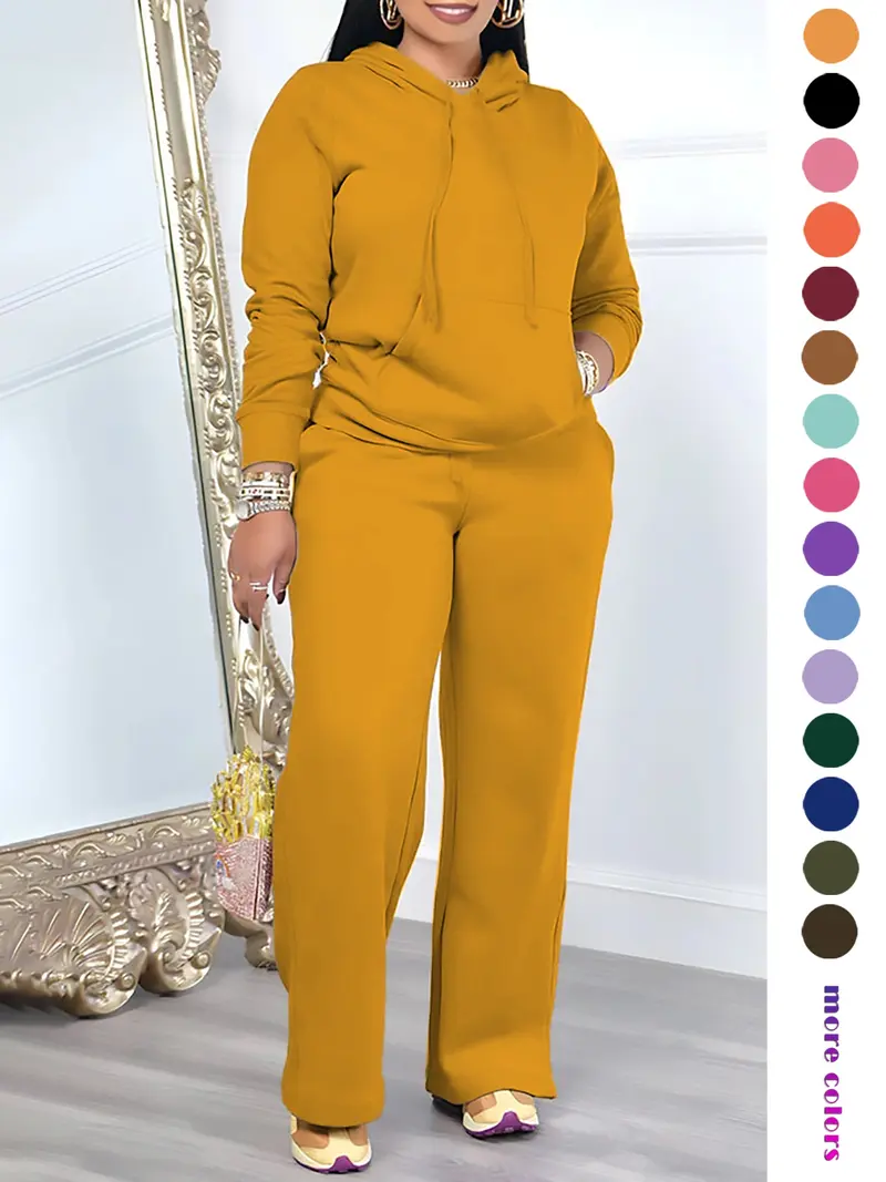 🔥Two-Piece Set Women's Solid Drawstring Hoodie & High Waist Pants Set, Casual Long Sleeve Pocket Hooded Sweatshirt & Straight Leg Trousers for Spring & Fall, Ladies' Clothes for Daily Wear