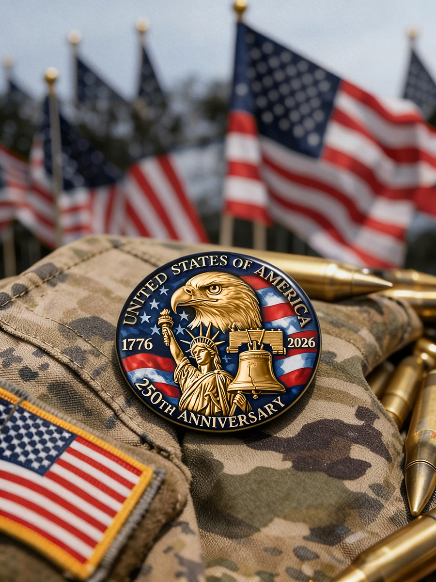 USA 250th Anniversary Eagle & Liberty Bell Camo Style Pin Badge