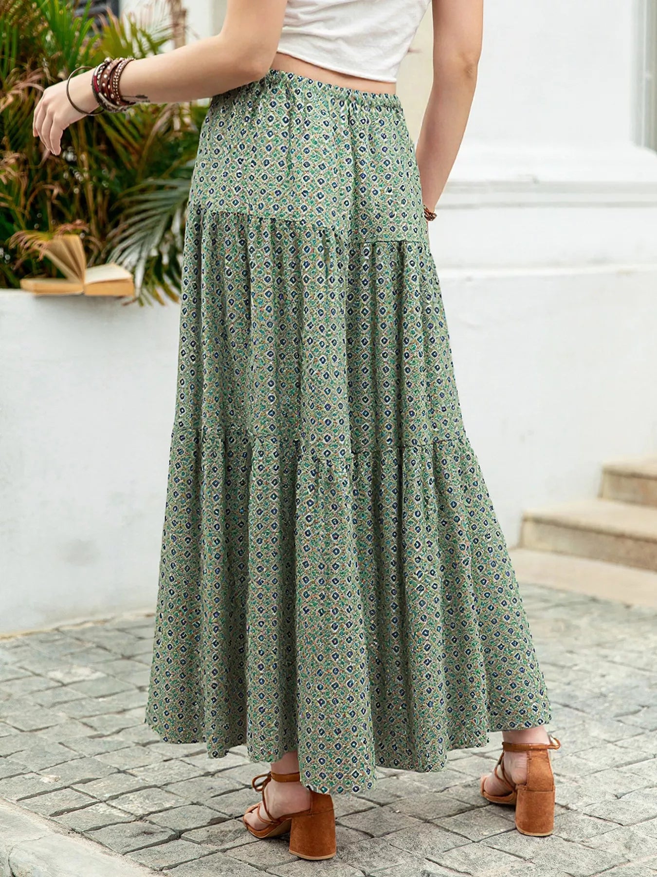 Boho Print Tiered Maxi Skirt