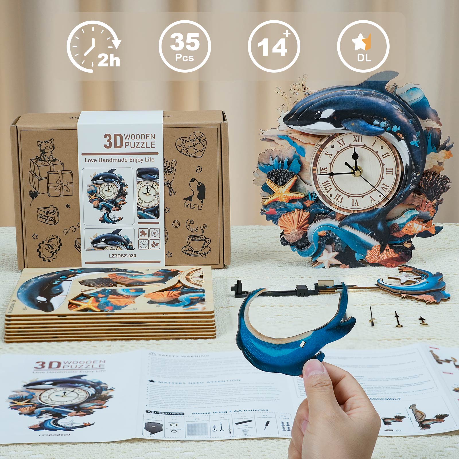 Killer Whale â€“ DIY Wooden Clock, 3D Puzzle Craft Kit