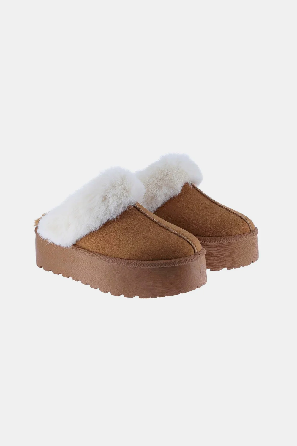 Thick Bottom Fur Trim Snow Slippers in Tan