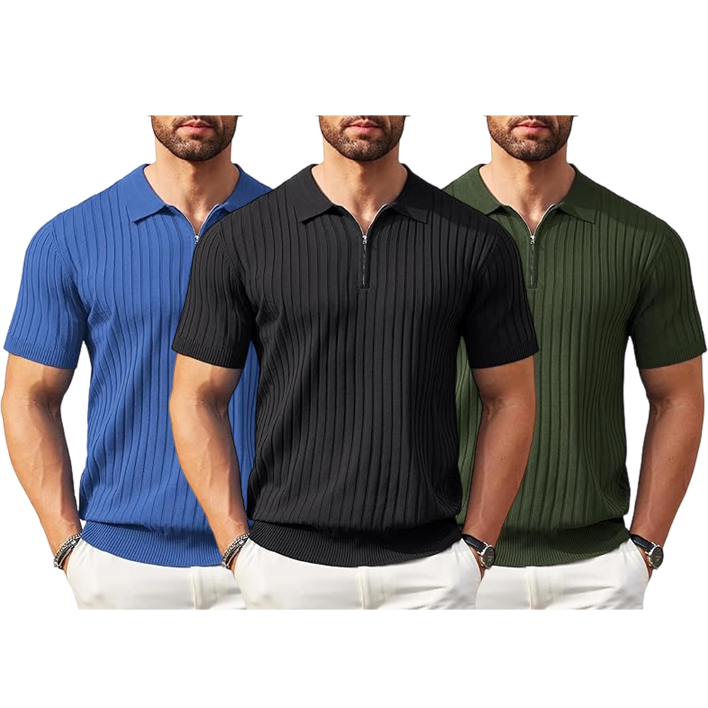 Men's Zipper Polo Shirts Short Sleeve Ribbed Knit Polo T Shirts Fashion Casual Golf Shirts