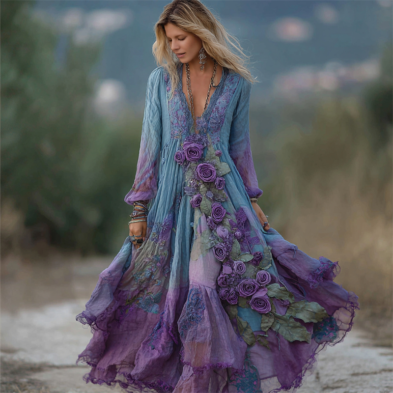 Vintage Purple Roses Ruffle Layered Gradient Flowy Maxi Dress