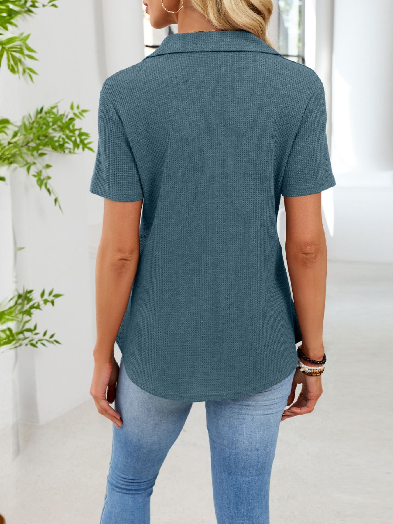 Waffle Knit Button Detail T-Shirt