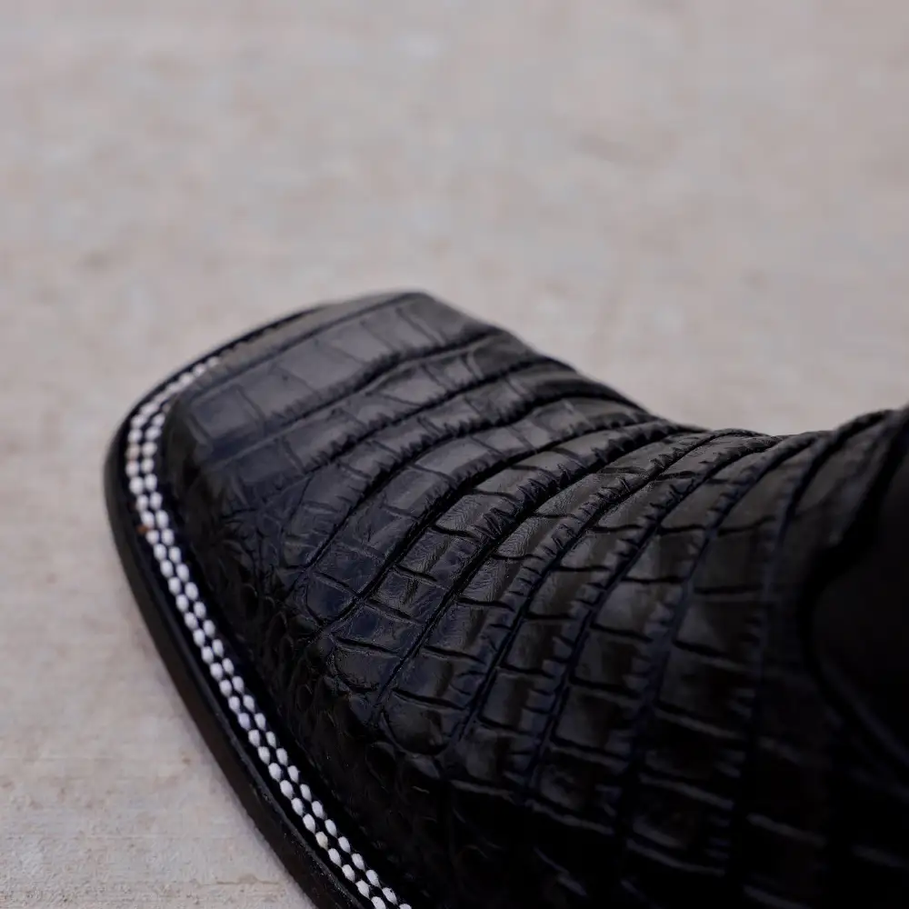 Black Caiman Belly Leather Boots -Square Toe