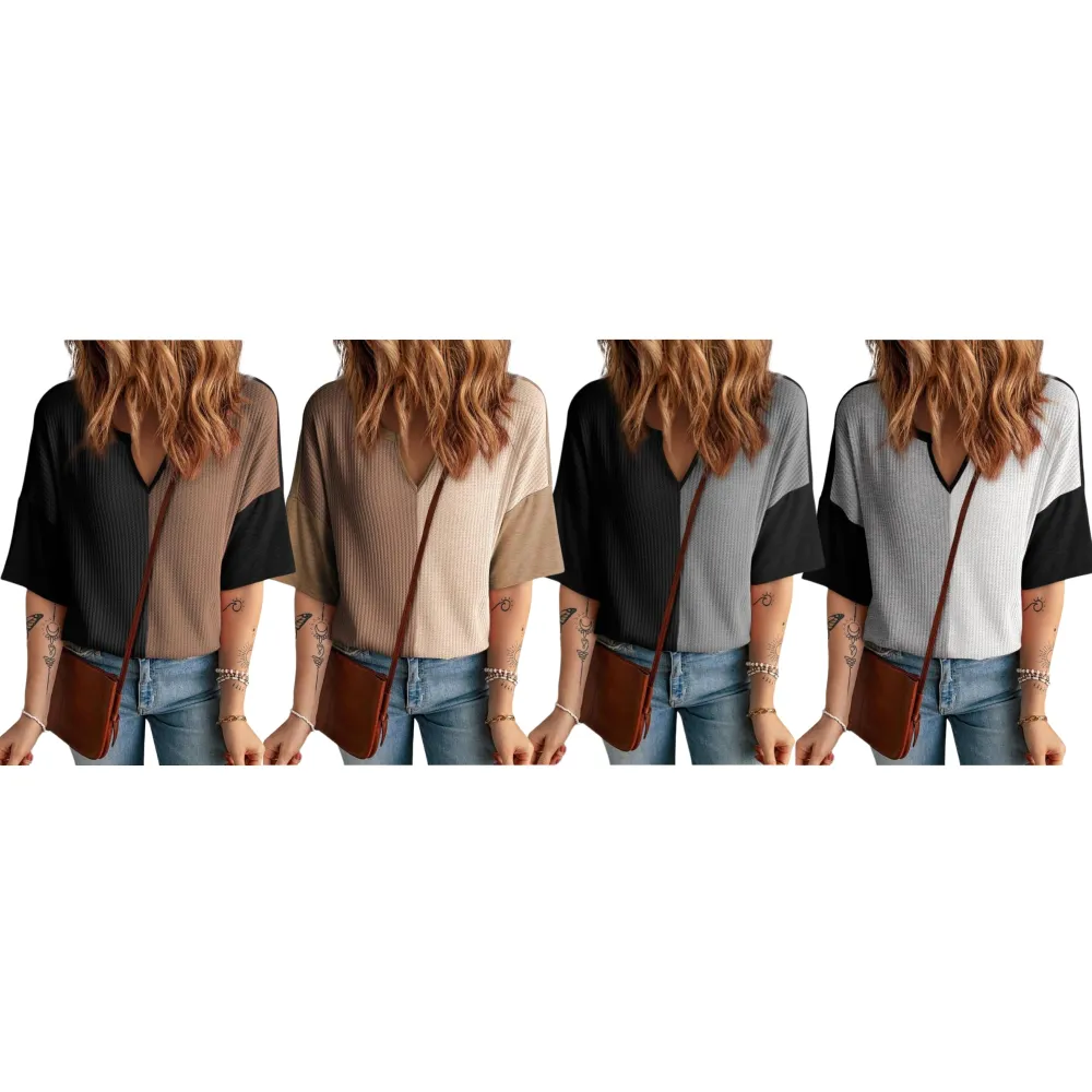 Womens Half Sleeve Waffle Knit Shirts V Neck Colorblock Blouses