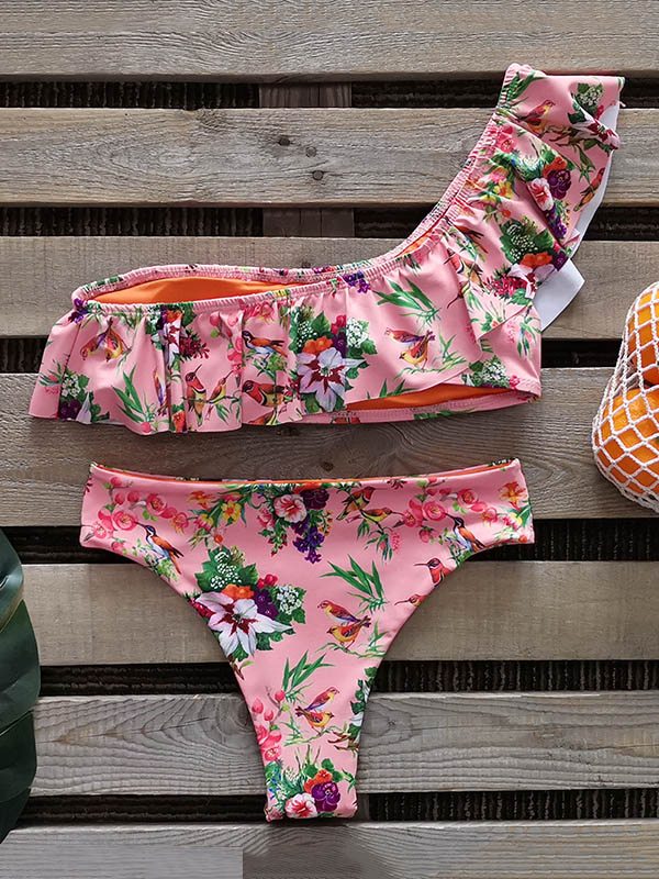 One-Shoulder Falbala Floral Print Padded Bralette High-Waisted Bikini Swimwear