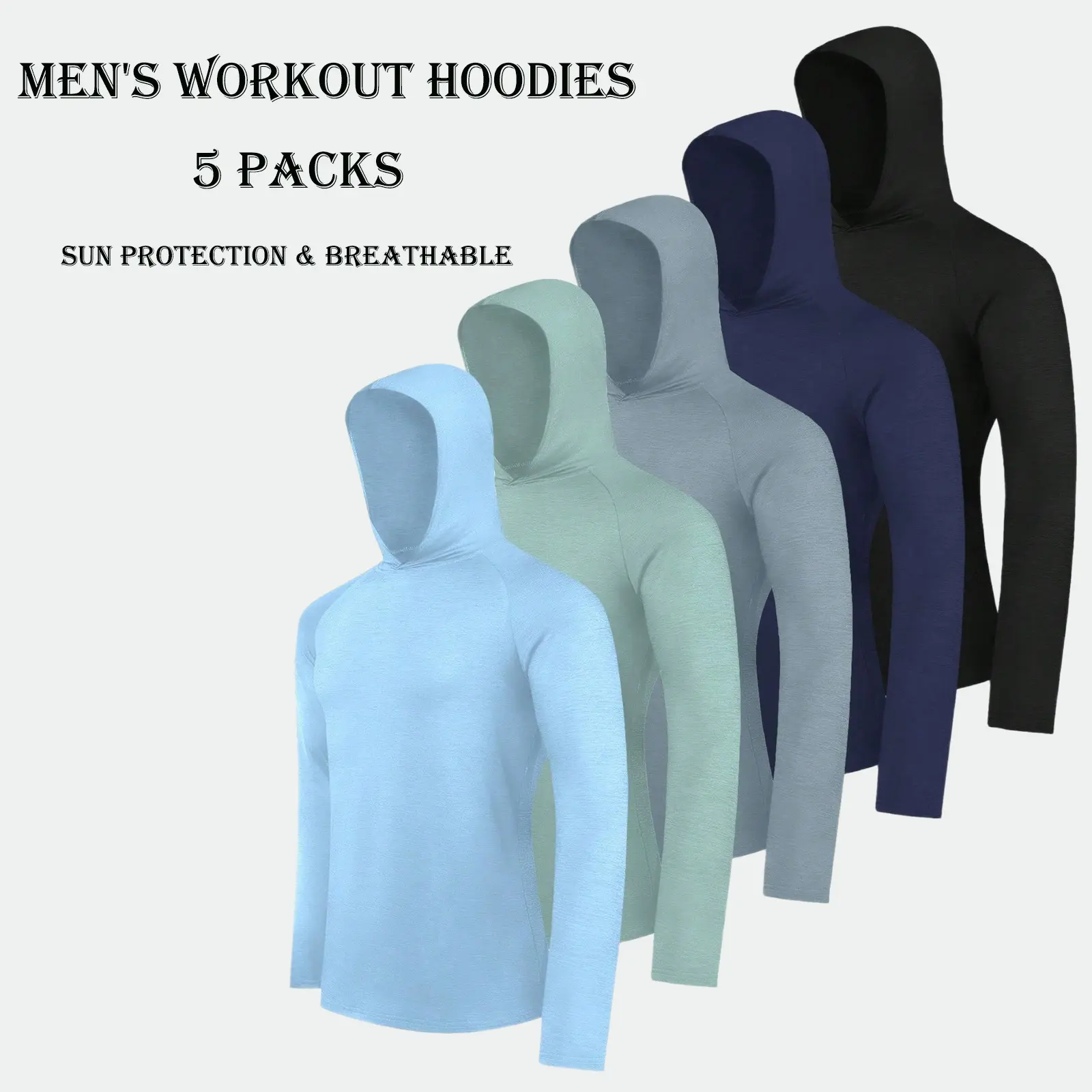 5 Pack Men's Dry Fit Athletic Shirt Long Sleeve Fishing Hoodies Workout Tops For Men UPF SPF Sun Protection