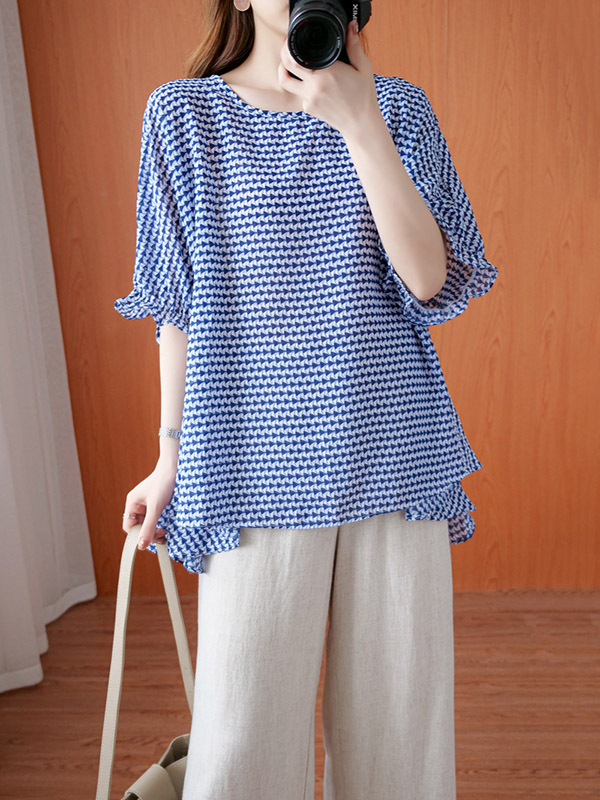 Casual Split-Joint Plaid Round-Neck Batwing Sleeves T-Shirts