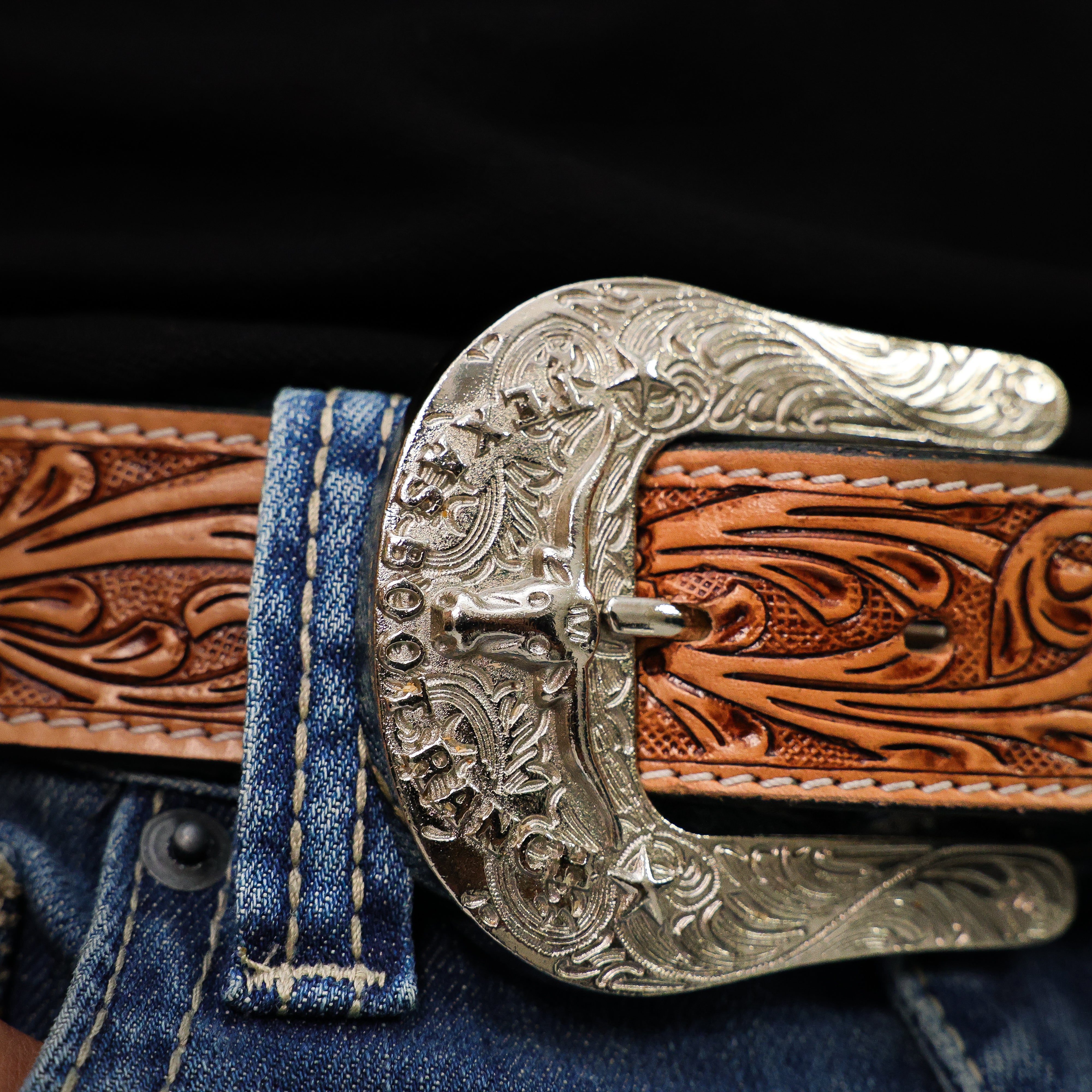 Hand-Tooled Artesanal Beaded Leather Belt