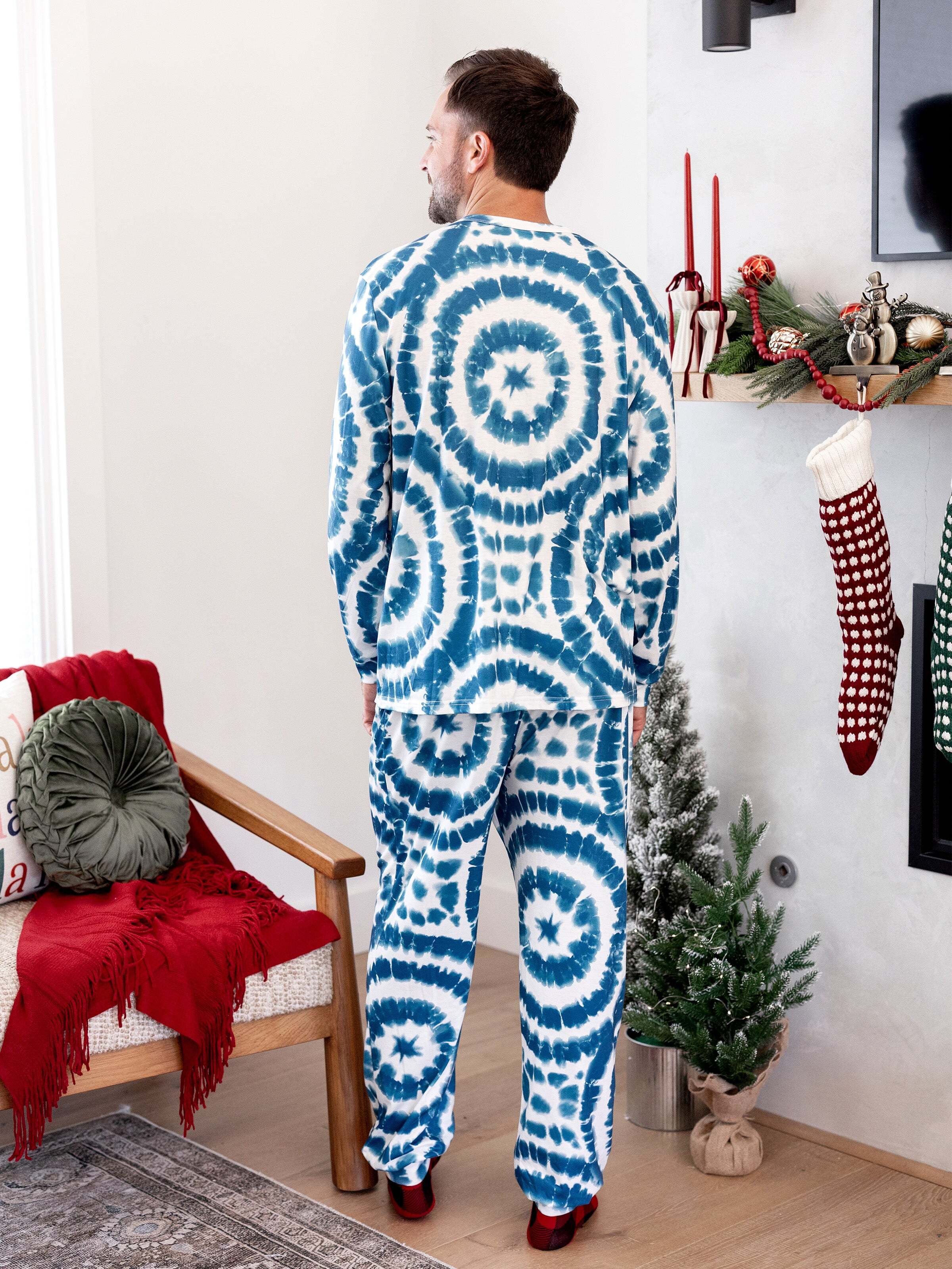 Christmas Matching Family Pajamas Set Tie-dye Snowman Print Blue PJS with Christmas Socks Deep Blue