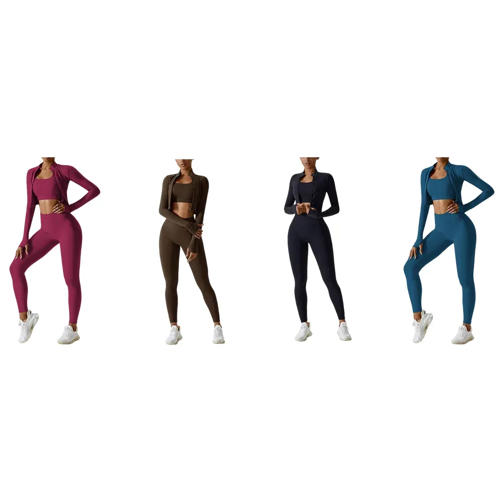 Women’s 3-Piece Workout Set – Sports Bra, Leggings & Zip Jacket with Thumbholes