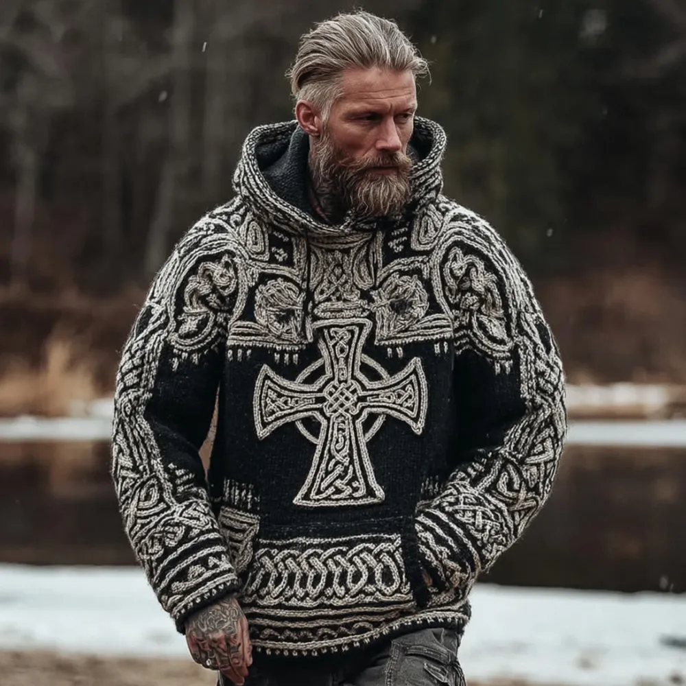Men's Viking Tribal Style Celtic Cross Antique Hooded Sweater