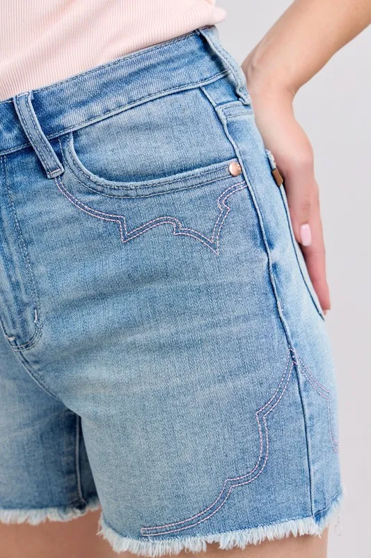High Waist Western Embroidery Detail Cut Off Denim Shorts