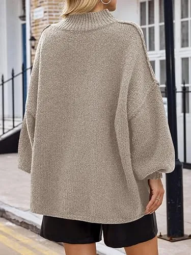 ✨Womens Oversized Mock Neck Batwing Long Sleeve Ribbed Knit Casual Tunic Sweater🔥