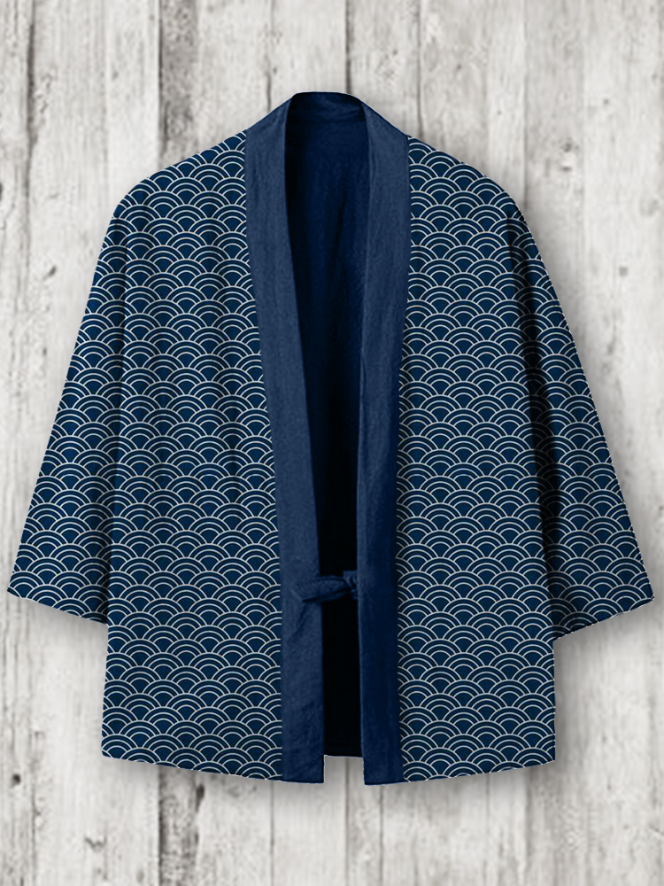 Sea Waves Classic Japanese Pattern Linen Blend Kimono Cardigan