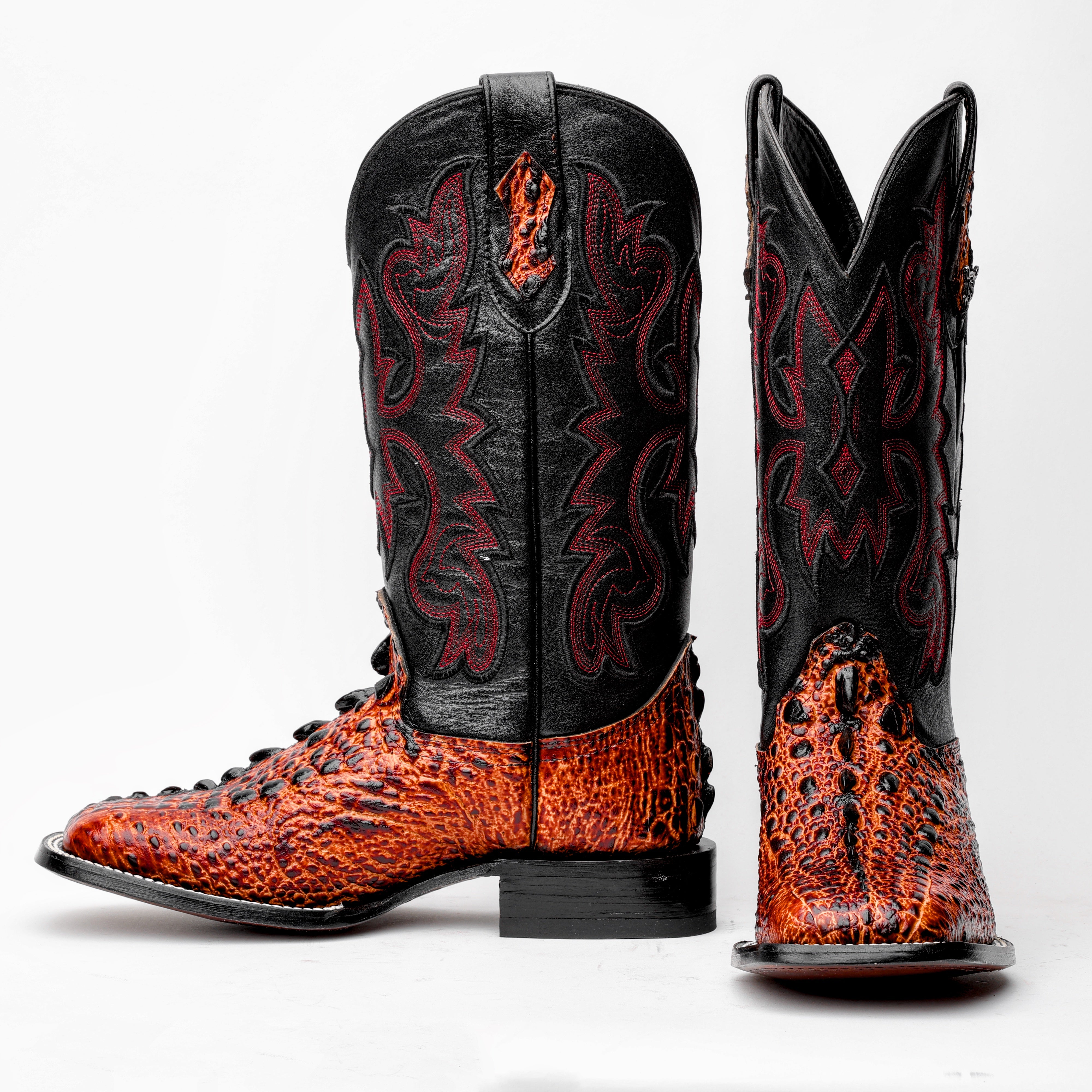 Cognac Snapping Turtle Leather Boots - Square Toe