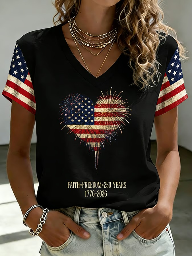Women's Faith Freedom USA 250th Anniversary Print V Neck T-shirt