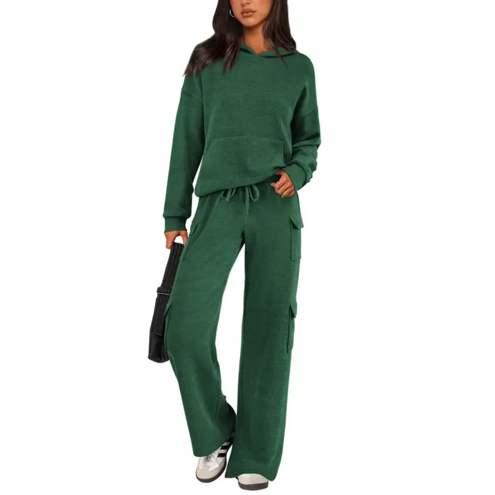 Women’s Casual Knit Tracksuit – Hoodie & Wide Leg Pants with Pockets