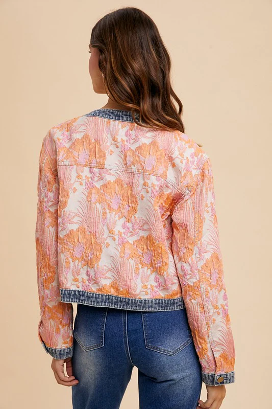 Floral Jacquard Denim Contrast Button Down Jacket
