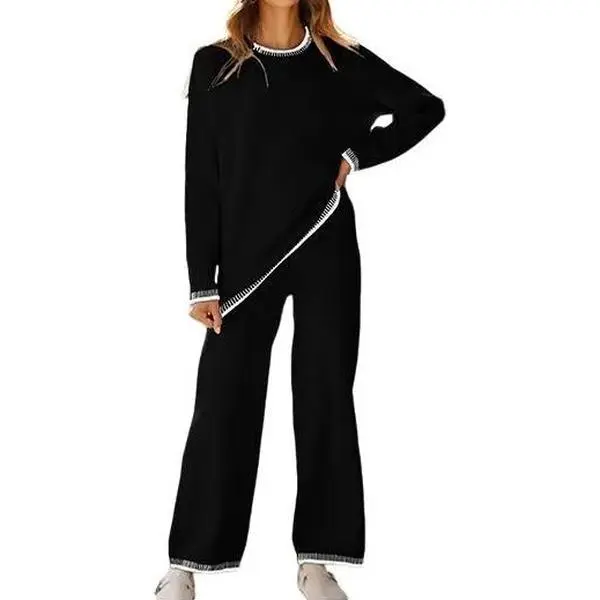 Chic Crew Neck Sweater & High Waist Loose Pants Casual Outfit