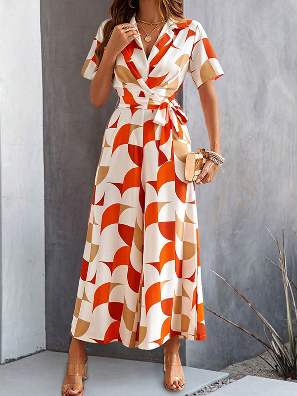 Buttoned Contrast Color Tied Waist High Waisted Loose V-Neck Jumpsuits