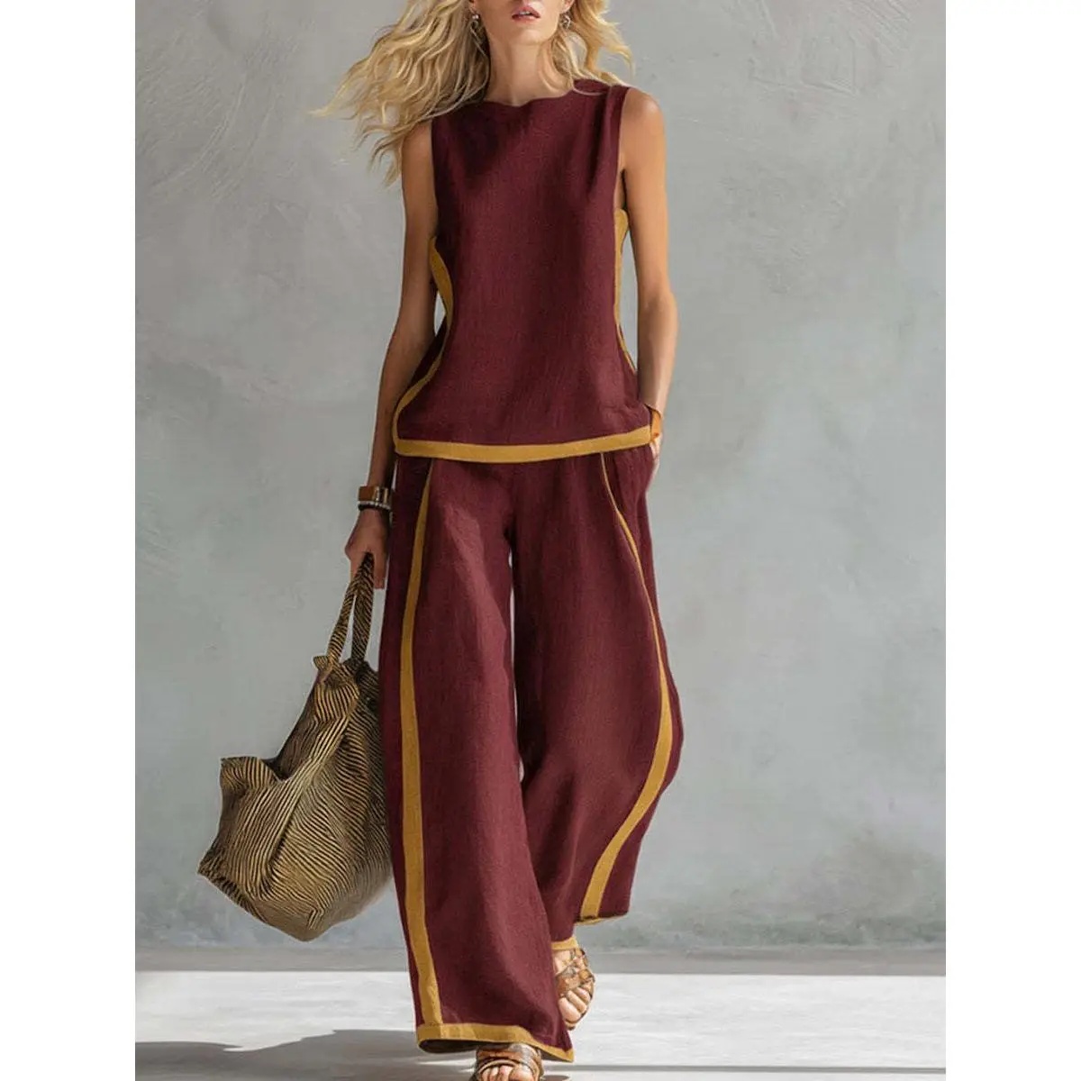 2026 Linen Blend Two Piece Set for Women Sleeveless Color Block Top Wide Leg Pants Set Casual Summer Outfit