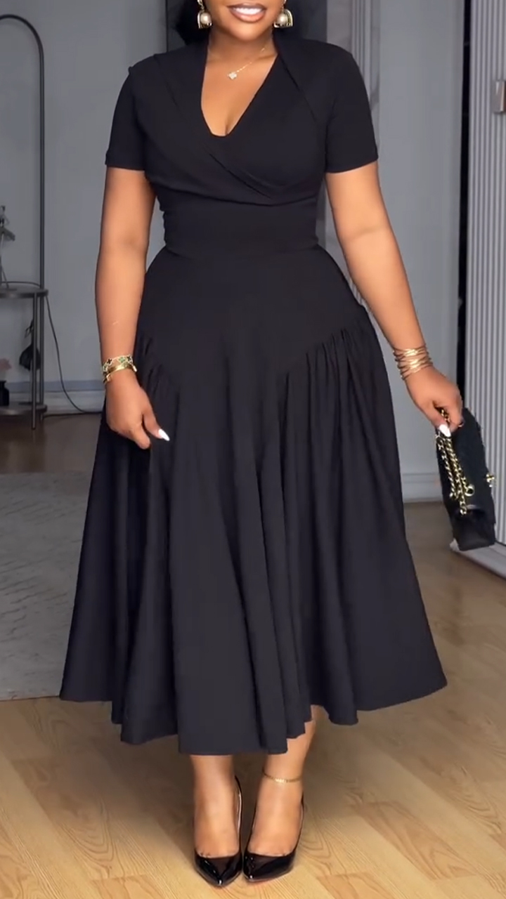 Women V-neck Solid Color Elegant Casual Dress