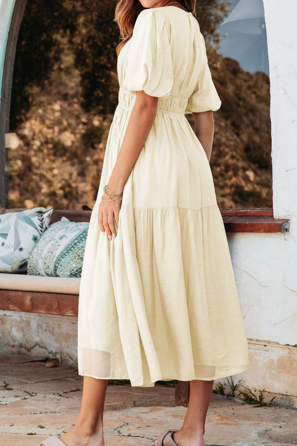 Puff Sleeve Pleated High Waist Flowy Midi Dress