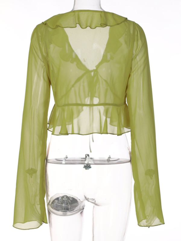 New Style Ruffled Lace-Up Deep V-Neck Long-Sleeved Transparent Top