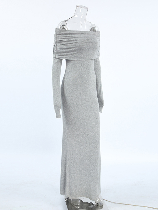 Pleated Solid Color Split-Joint Long Sleeves Skinny Off-the-shoulder Maxi Dresses Evening Dresses