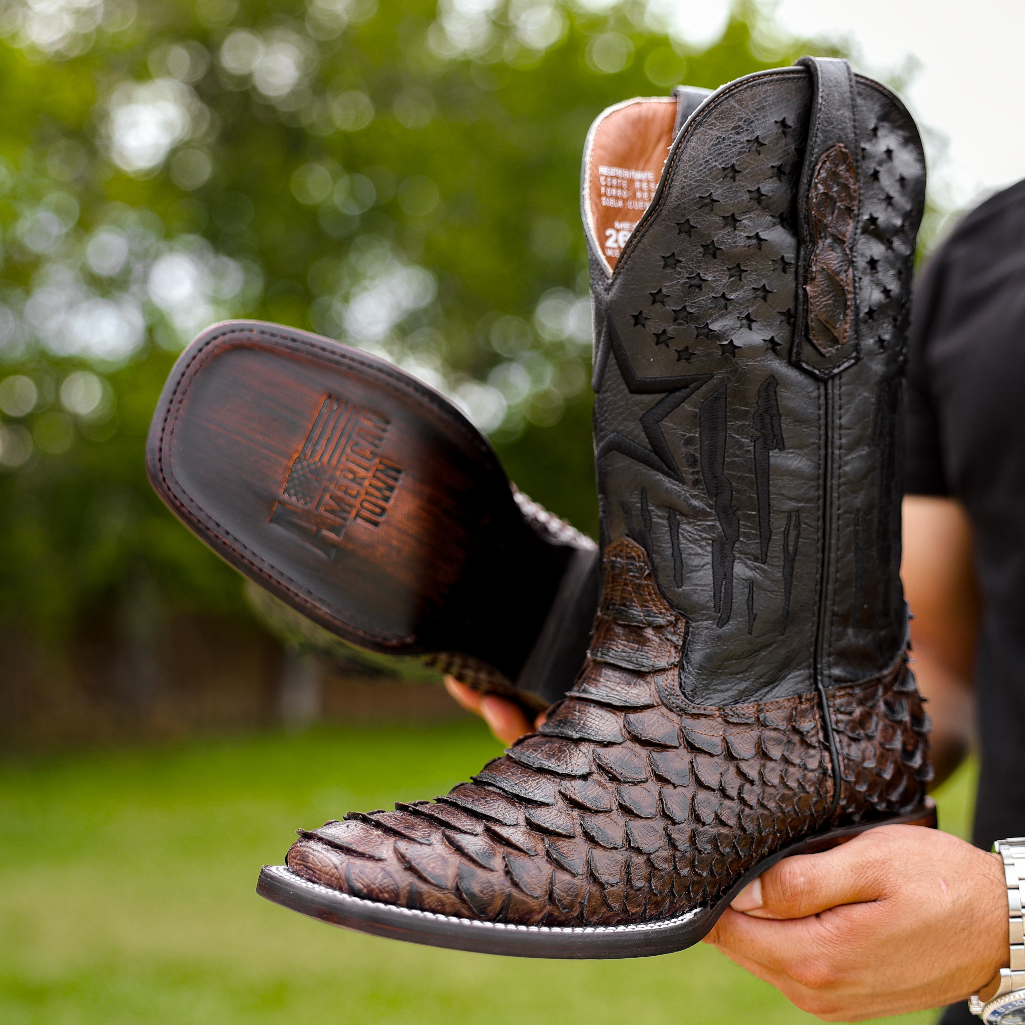 Brown Jumbo Python Leather Boots - Square Toe