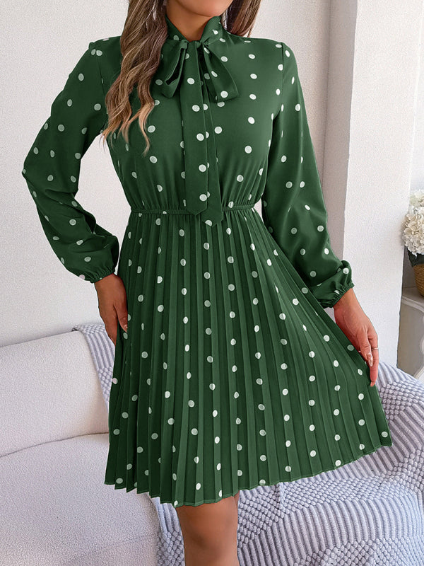 Elegant Polka-Dot Lace-Up Waist Long-Sleeved Pleated Skirt