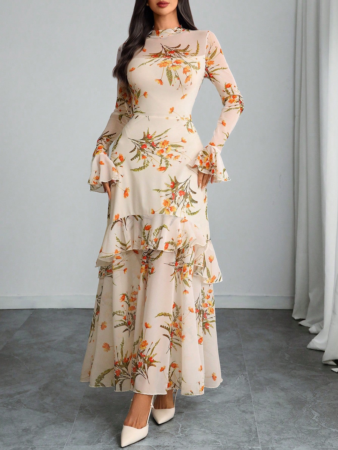 Women's Gothic Elegant Sexy Mesh Splicing Colorful Print Retro Petal Sleeves Ruffle Mermaid Hem Double Layer Dress