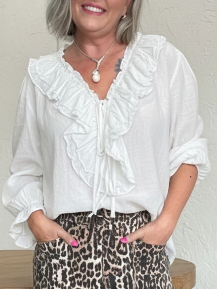 Romantic V-neck Ruffled Linen-cotton Blouse