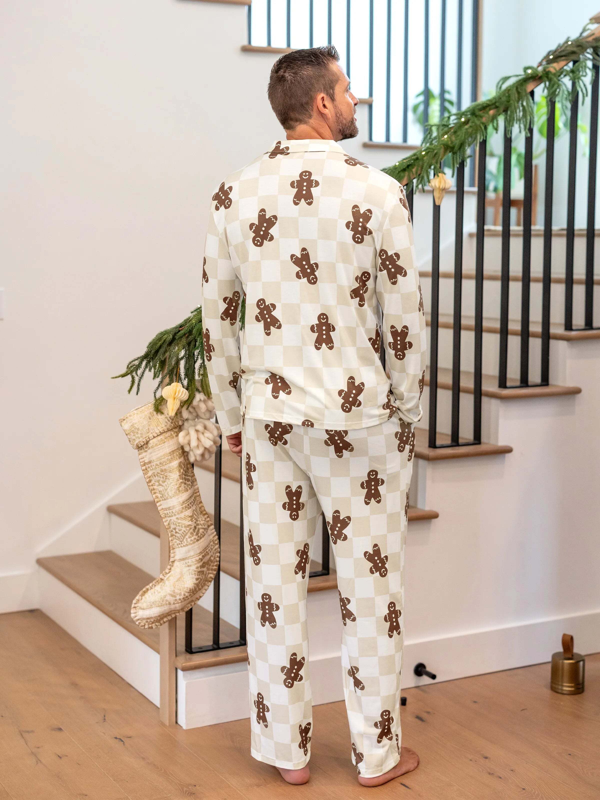 Christmas Matching Family Pajamas Set Block checkered Gingerbread Print PJS with Christmas Socks Khaki
