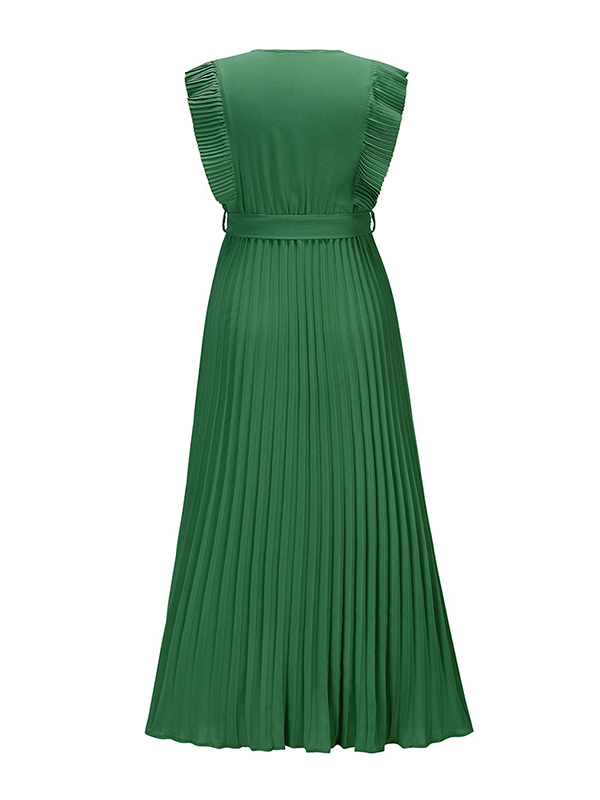 Floral Pleated Solid Color Split-Joint Tied Waist Loose Sleeveless V-Neck Maxi Dresses