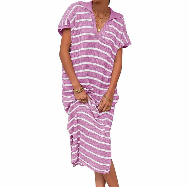 Women's Striped Summer Dress – V-Neck Short Sleeve Knit Collar Loose Maxi Dress with Slit
