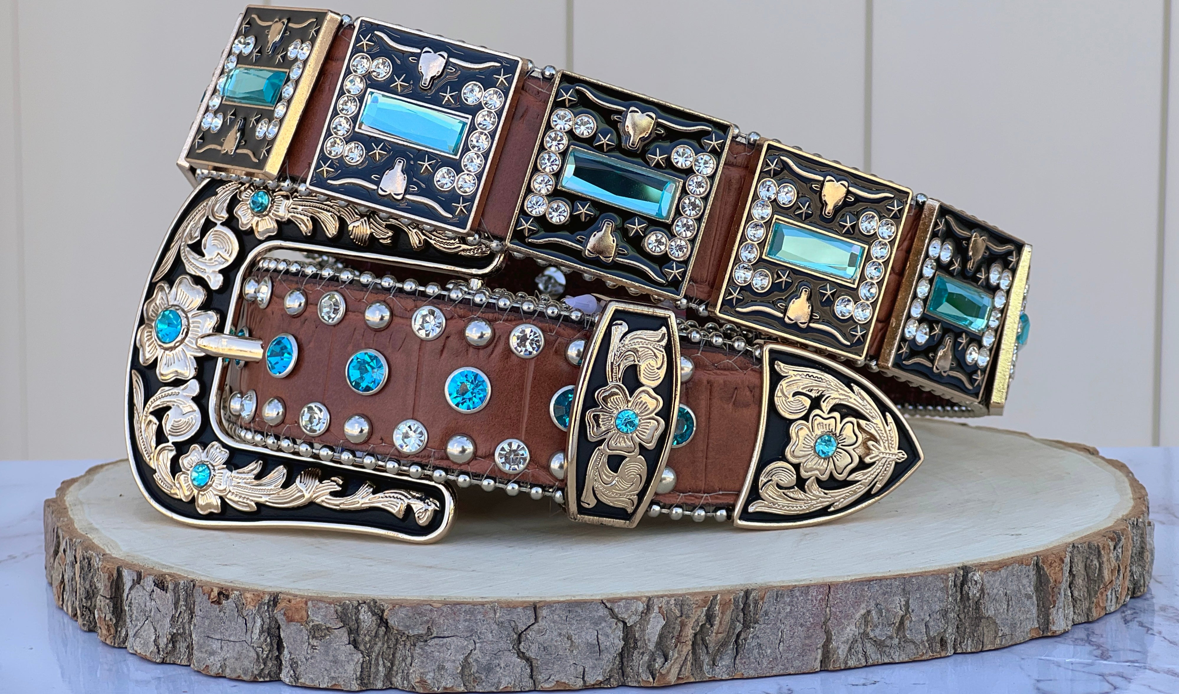 Western Brown Leather Belt With Light Blue Longhorn Rhinestones