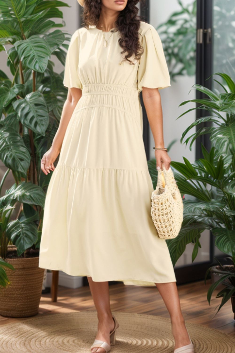 Puff Sleeve Pleated High Waist Flowy Midi Dress
