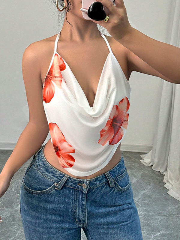 Flower Print Sleeveless Halter-Neck Vest Top
