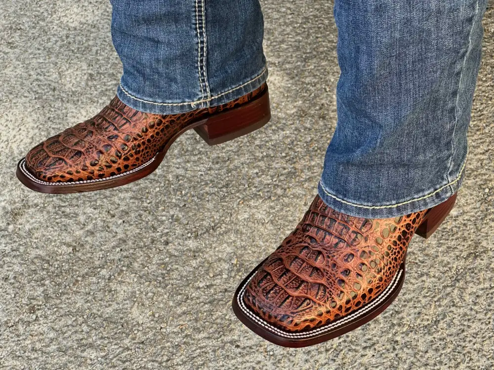 Mens Cognac Crocodile Leather Boots With Yellow Shaft