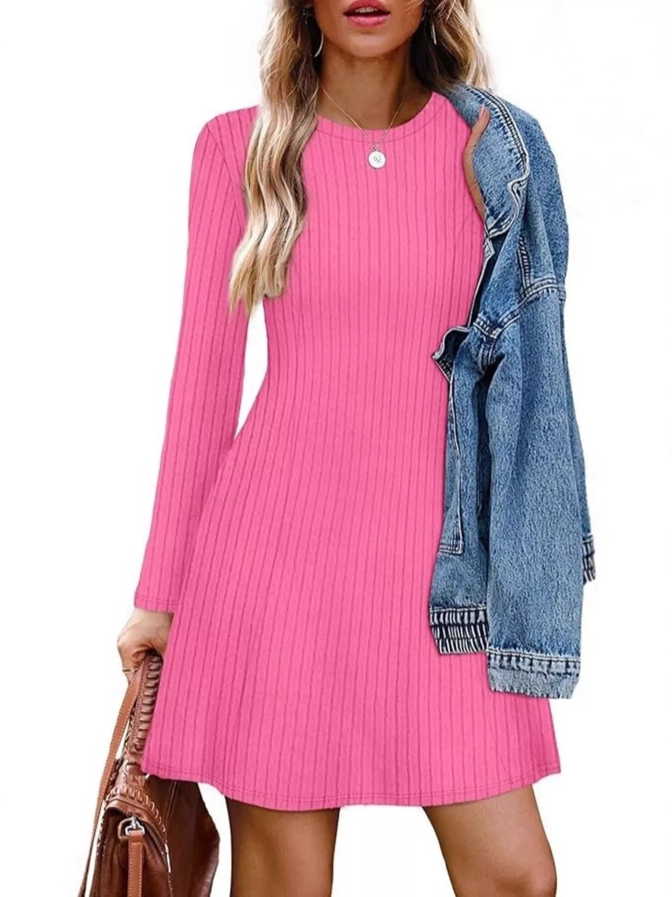 Ribbed Knit Long Sleeve A-Line Dress