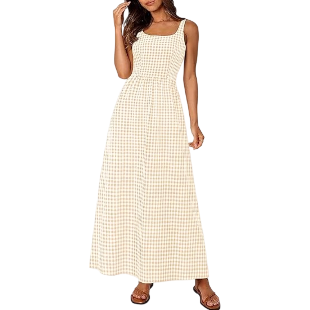 Women's Plaid Square Neck Maxi Dress, Spaghetti Strap A-Line Casual Beach Sundress