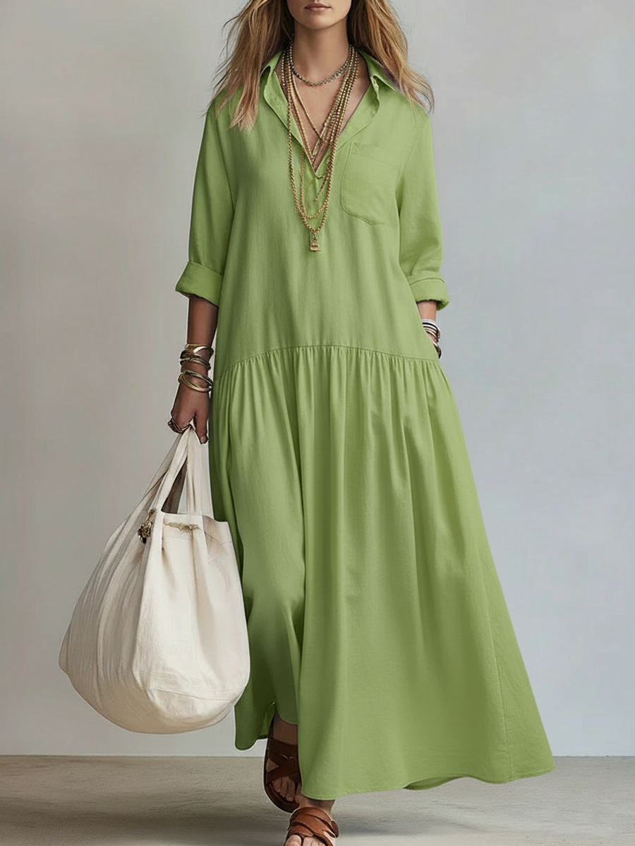 Cozy Shirt Collar Solid-color Linen-cotton Dress